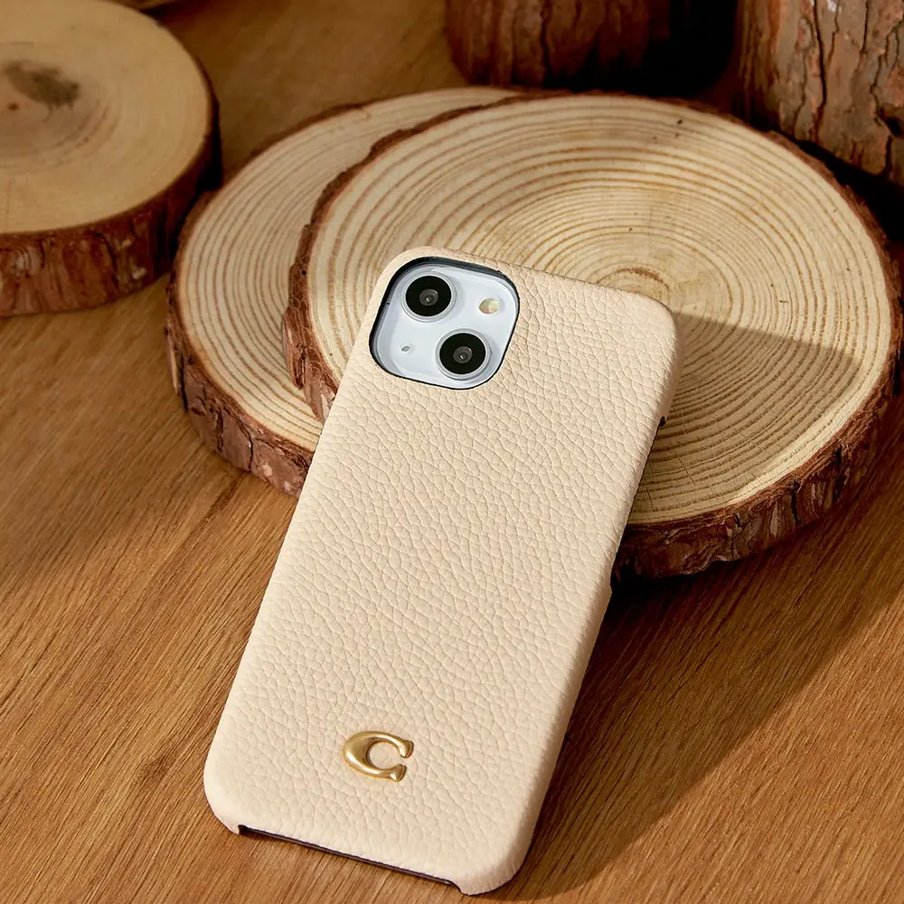 Coach iPhone 14 Max 精品真皮手機殼 粉白色經典大C