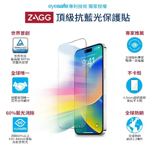 ZAGG 抗藍光保護貼 iPhone 15 Pro Max專用 全球唯一德國萊因雙認證最高等級RFP30